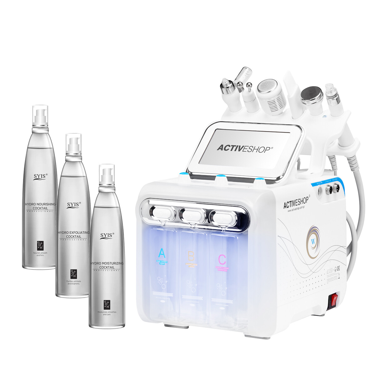 Activeshop Hydrogen H2+ 6W1 ansigtsapparat 6 i 1 med 3 Syis Hydro-væsker